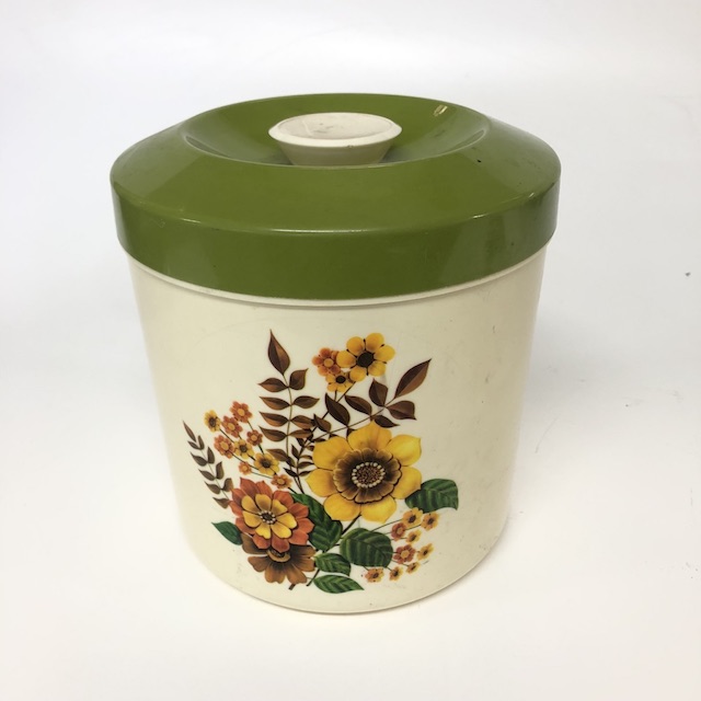 CANNISTER, 1970s Floral Print w Olive Green Lid